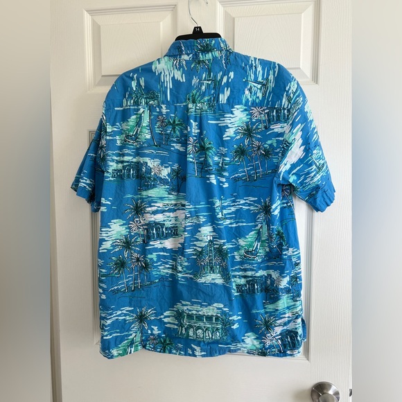 Men's Blue Hawaiian Tropical Palm Tree and Sailboat Print Shirt - Picture 4 of 4